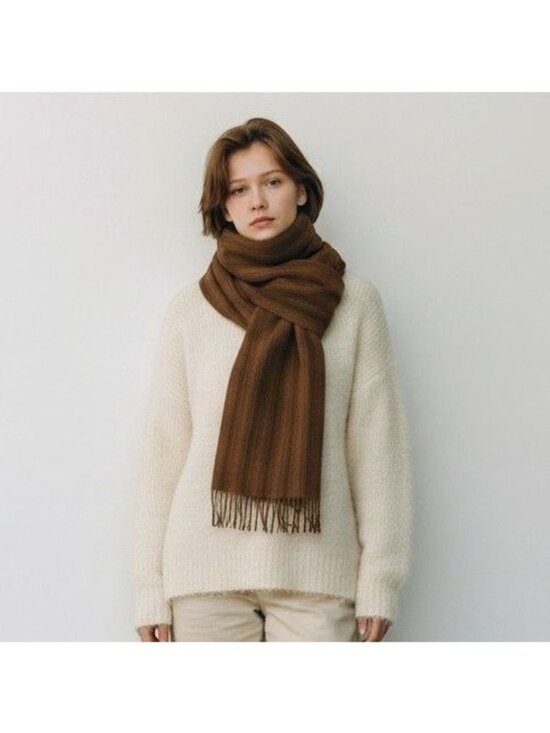Alpaca 111 Accessories - Alpaca 111 Brown Stripe Baby Alpaca Wool Striped Scarf With Fringe Luxurious & S